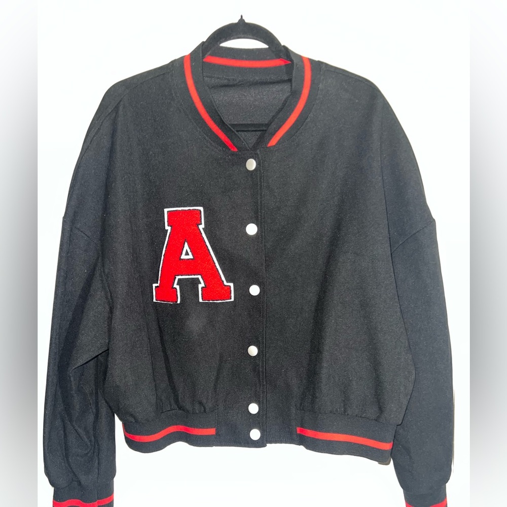 SHEIN Black Varsity Jacket with Red Lettering